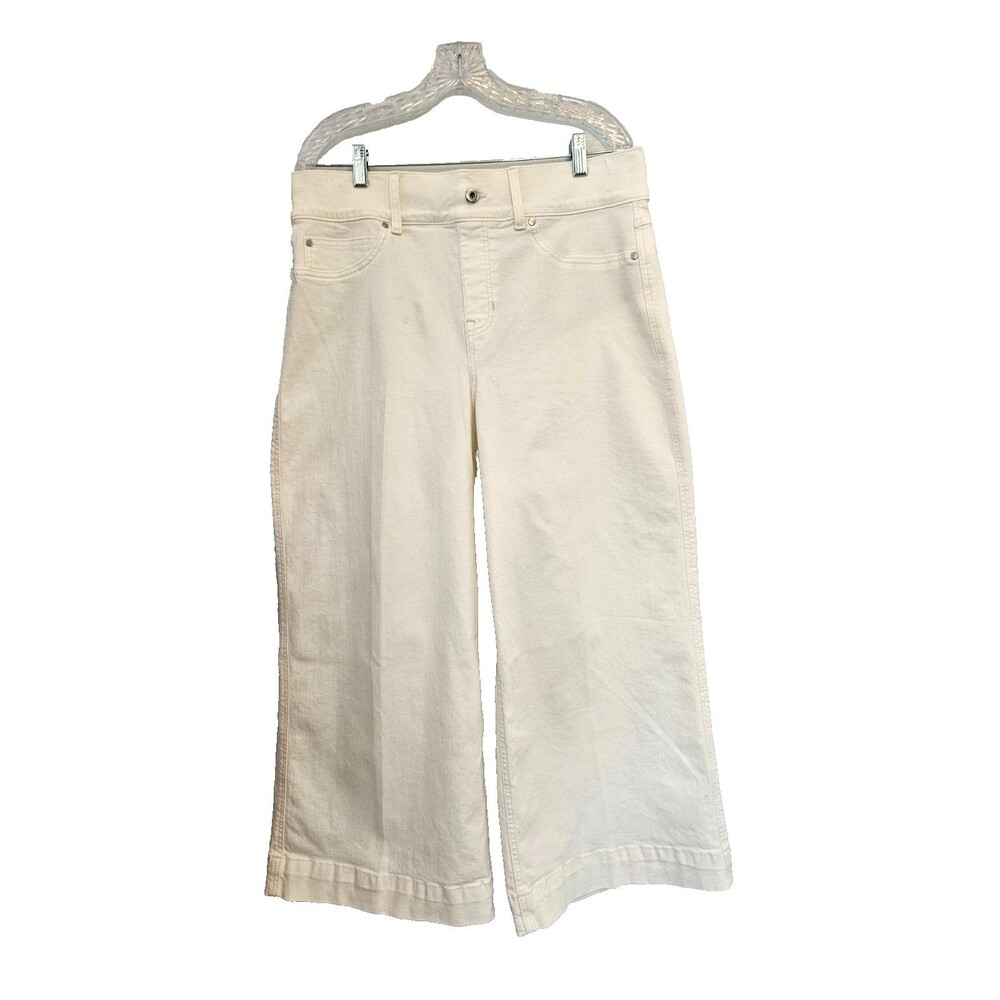 SPANX Crop Wide Leg White Jeans 1X Chalk Wash Pull On Stretch Denim 21284R